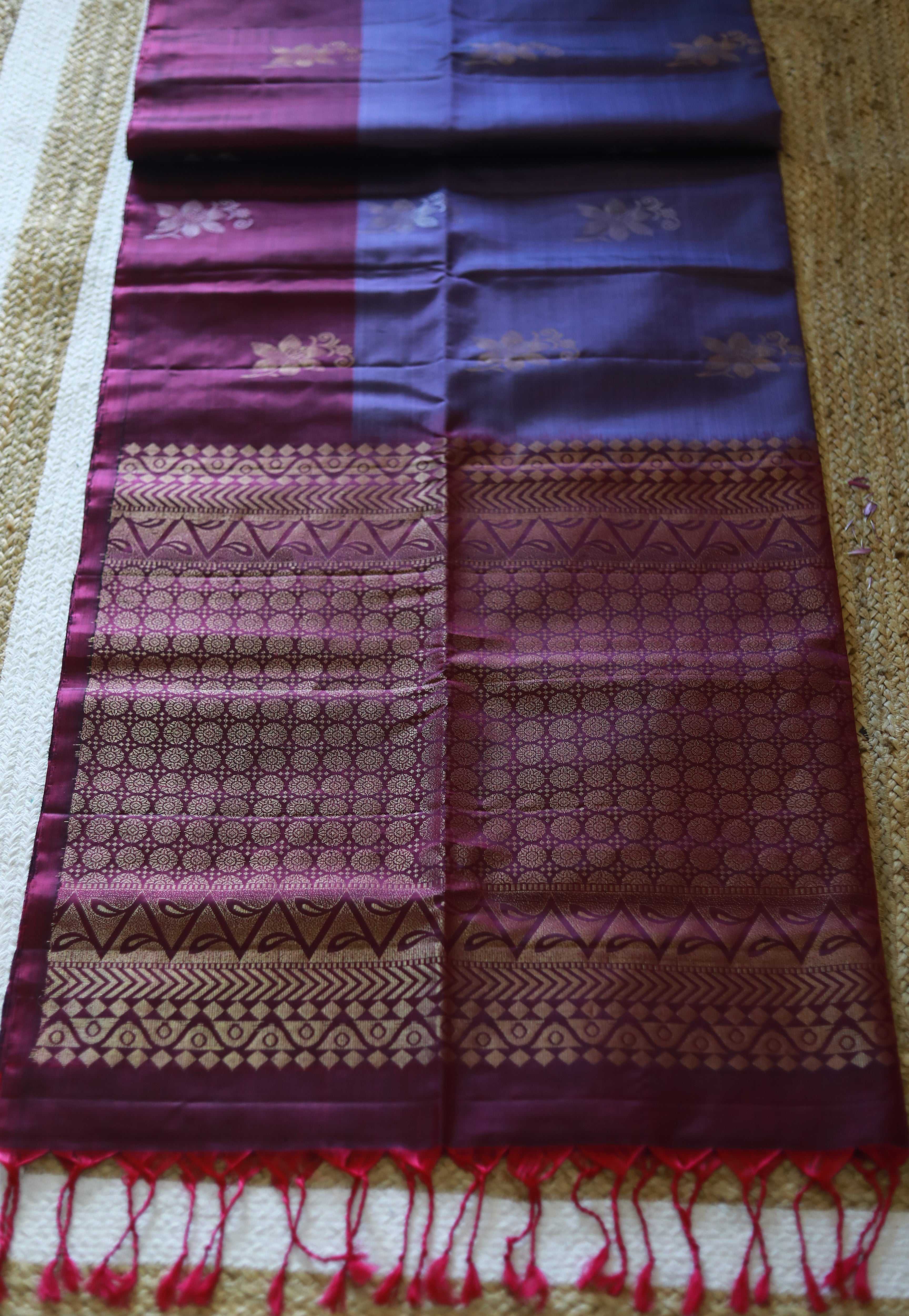 Pure Kanchipuram Soft Silk Saree with Pure Gold & Silver Butta, Contrast Border, Heavy Pallu  & Plain Rani Pink Blouse Piece, Lavendar - Rani Pink, SK1009