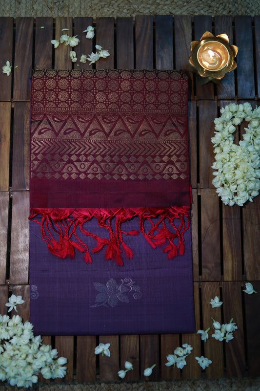 Pure Kanchipuram Soft Silk Saree with Pure Gold & Silver Butta, Contrast Border, Heavy Pallu  & Plain Rani Pink Blouse Piece, Lavendar - Rani Pink, SK1009