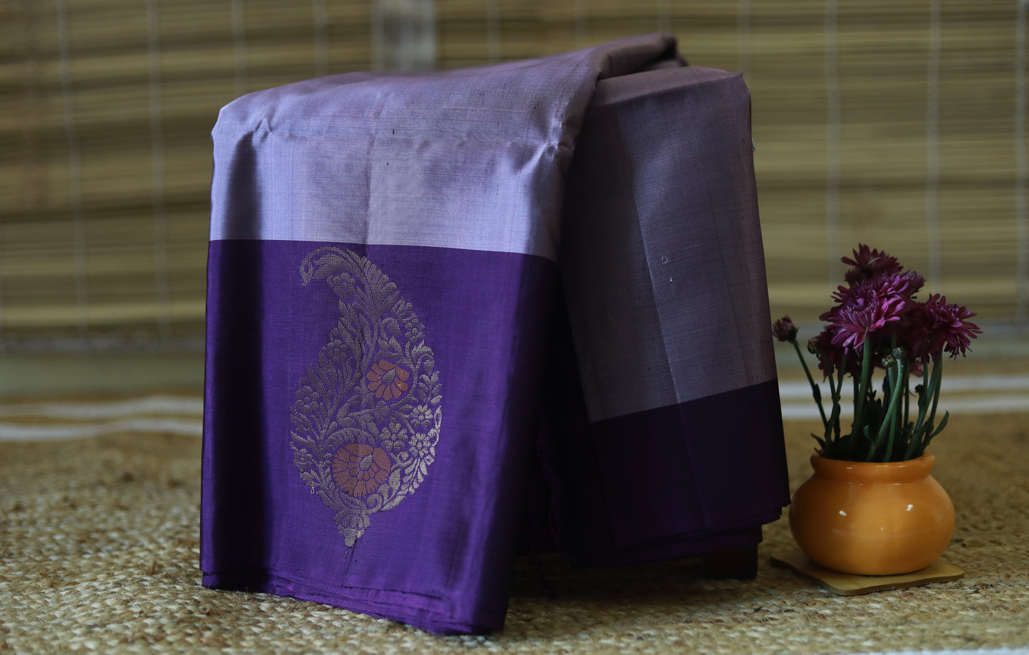 Pure Kanchipuram Soft Silk Saree with Minakari Woven Butta, Contrast Border, Heavy Zari Pallu & Plain Purple Blouse Piece, Lavendar - Purple,   SK1010