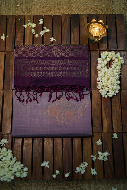 Pure Kanchipuram Soft Silk Saree with Minakari Woven Butta, Contrast Border, Heavy Zari Pallu & Plain Purple Blouse Piece, Lavendar - Purple,   SK1010
