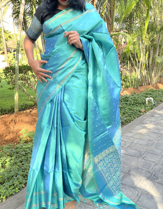 Pure Kanchipuram Soft Silk Saree with Small Golden Butta Dots, Zari Striped Border, Heavy Zari Pallu & Plain  Blouse Piece, Pista Green,   SK1012