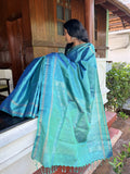 Pure Kanchipuram Soft Silk Saree with Small Golden Butta Dots, Zari Striped Border, Heavy Zari Pallu & Plain  Blouse Piece, Pista Green,   SK1012