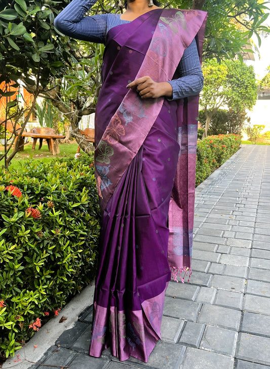 Pure Kanchipuram Soft Silk Saree with Woven Thread Butta, Zari Butterfly Woven Border in Contrast, Heavy Zari Pallu & Plain  Lavendar Blouse Piece, Purple - Lavendar,   SK1013