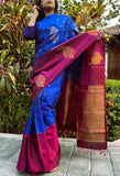 Pure Kanchipuram Soft Silk Saree with Minakari Woven Butta, Contrast Border, Heavy Zari Pallu & Plain Rani Pink Blouse Piece, Royal blue - Rani Pink,,   SK1014