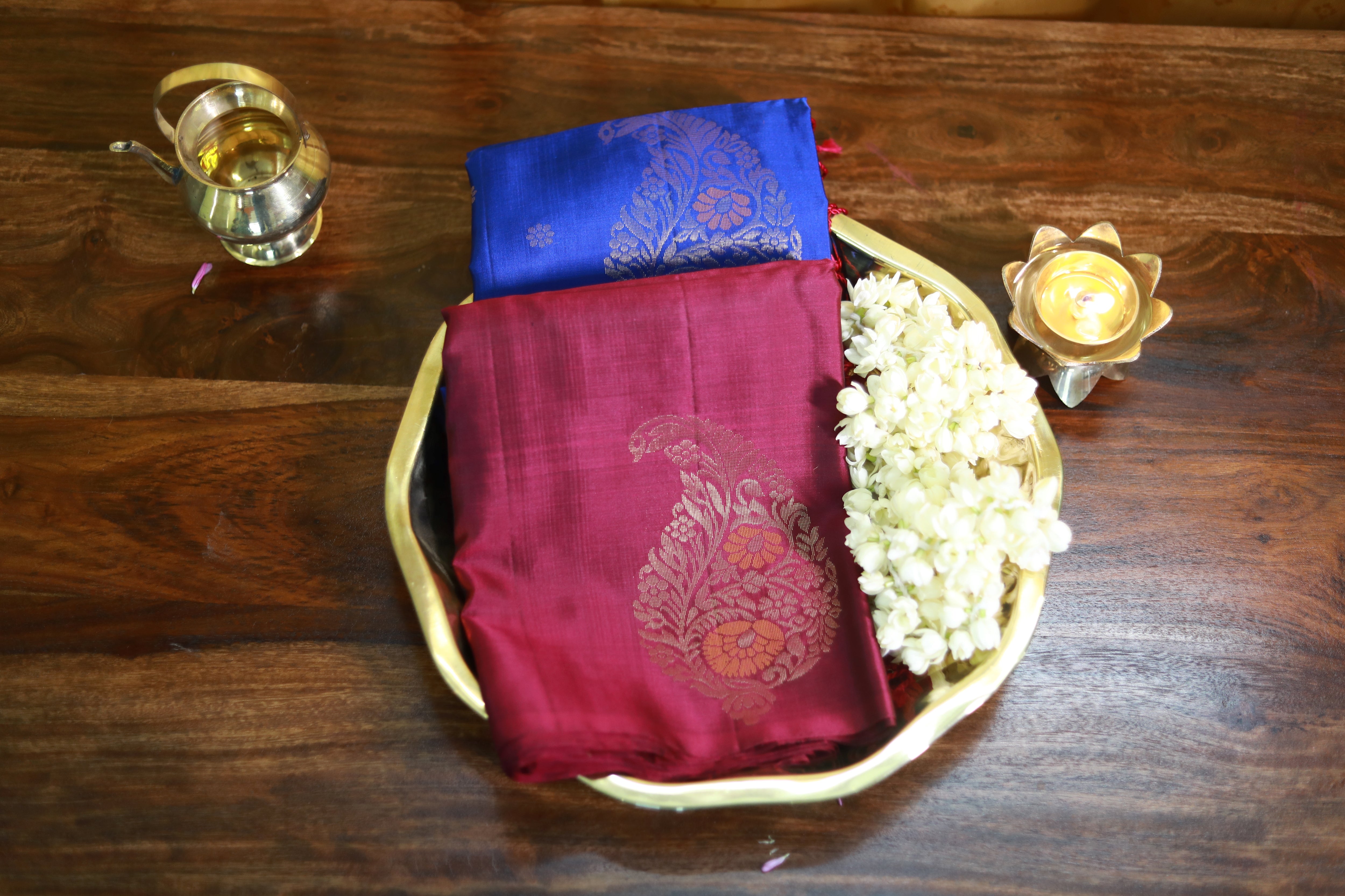 Pure Kanchipuram Soft Silk Saree with Minakari Woven Butta, Contrast Border, Heavy Zari Pallu & Plain Rani Pink Blouse Piece, Royal blue - Rani Pink,,   SK1014