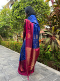 Pure Kanchipuram Soft Silk Saree with Minakari Woven Butta, Contrast Border, Heavy Zari Pallu & Plain Rani Pink Blouse Piece, Royal blue - Rani Pink,,   SK1014