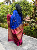 Pure Kanchipuram Soft Silk Saree with Minakari Woven Butta, Contrast Border, Heavy Zari Pallu & Plain Rani Pink Blouse Piece, Royal blue - Rani Pink,,   SK1014