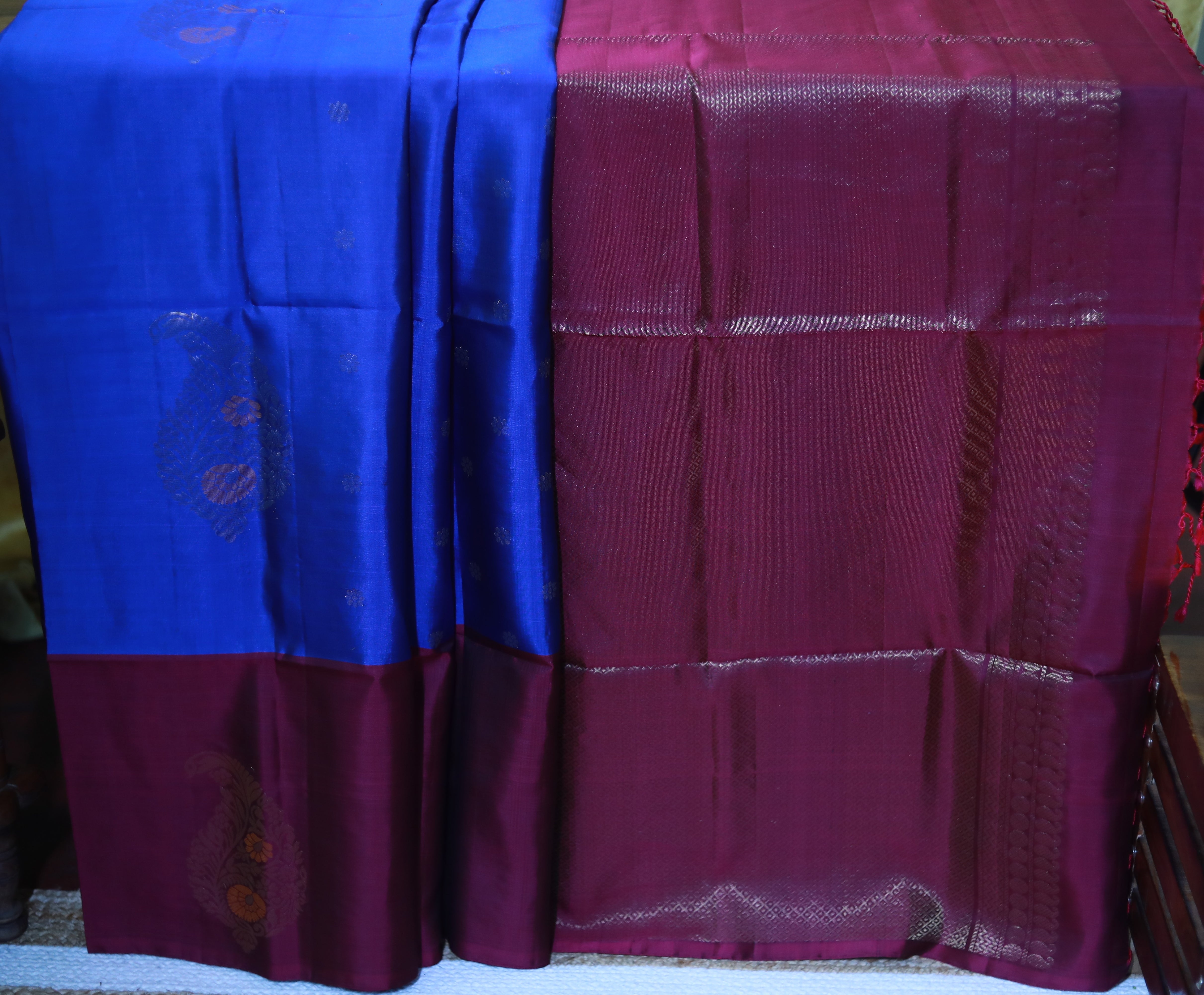 Pure Kanchipuram Soft Silk Saree with Minakari Woven Butta, Contrast Border, Heavy Zari Pallu & Plain Rani Pink Blouse Piece, Royal blue - Rani Pink,,   SK1014