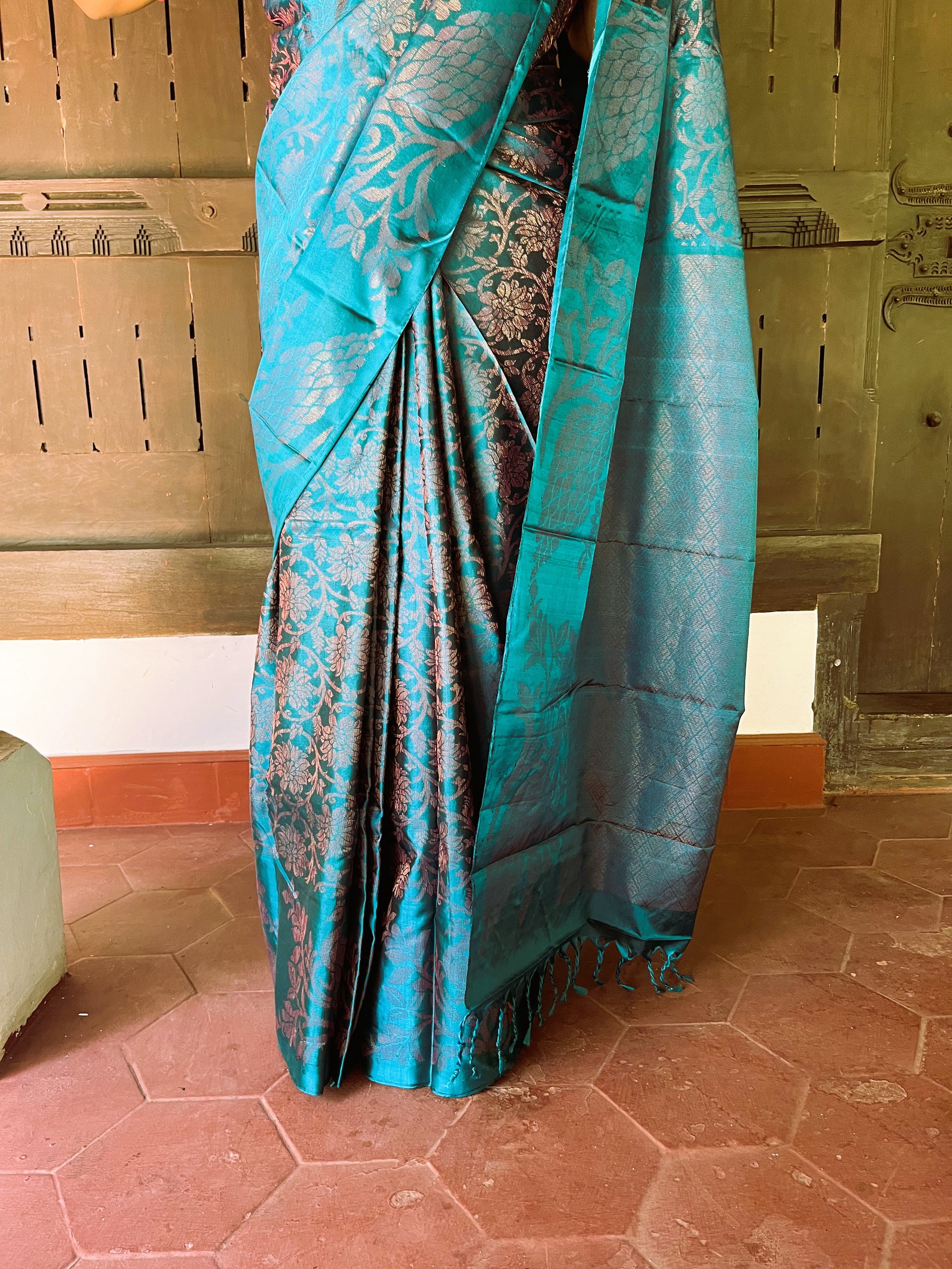 Pure Kanchipuram Soft Silk Saree with All Over Zari Woven Thread Work & Plain Blouse Piece, Teal, SK1016