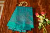 Pure Kanchipuram Soft Silk Saree with All Over Zari Woven Thread Work & Plain Blouse Piece, Teal, SK1016