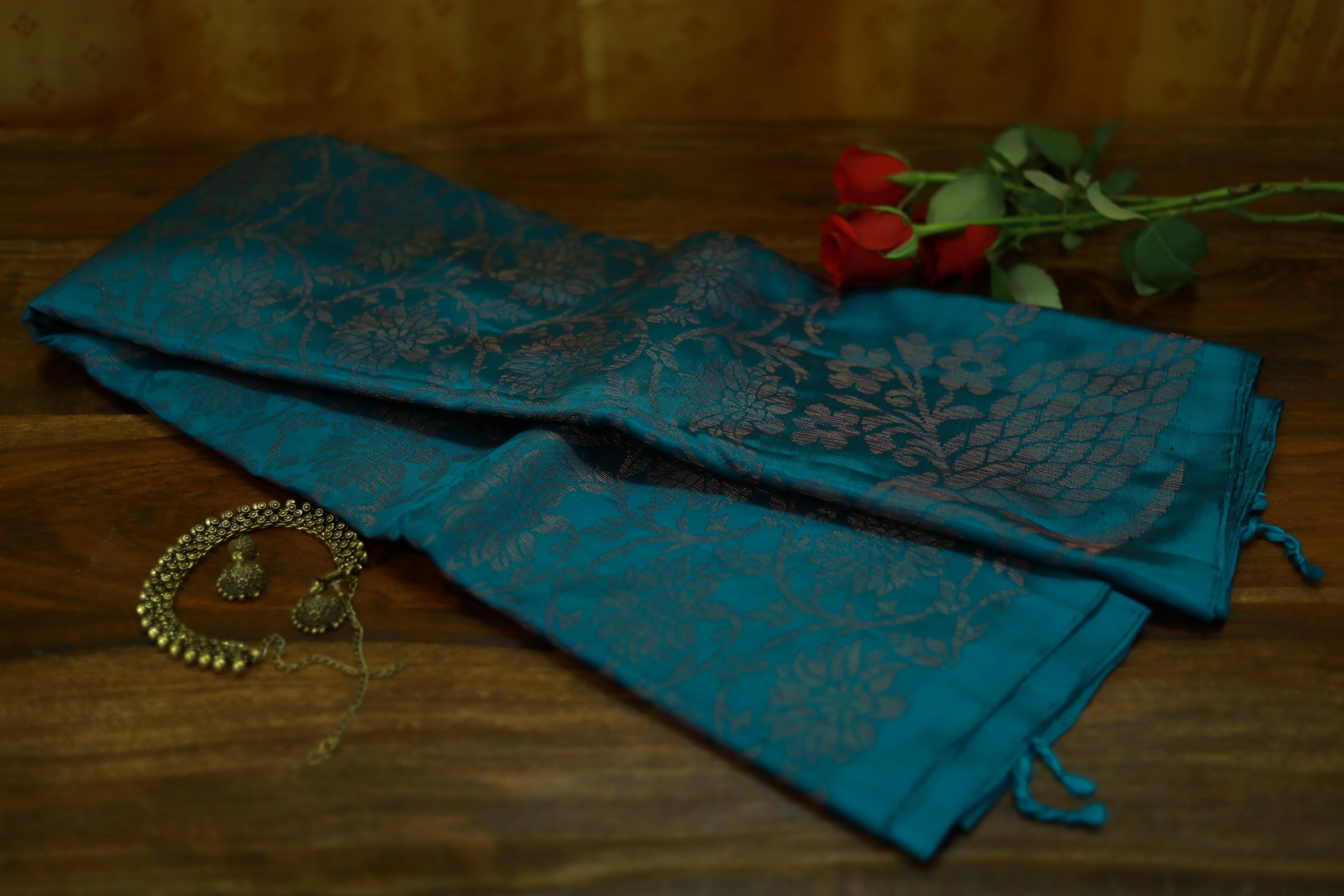 Pure Kanchipuram Soft Silk Saree with All Over Zari Woven Thread Work & Plain Blouse Piece, Teal, SK1016