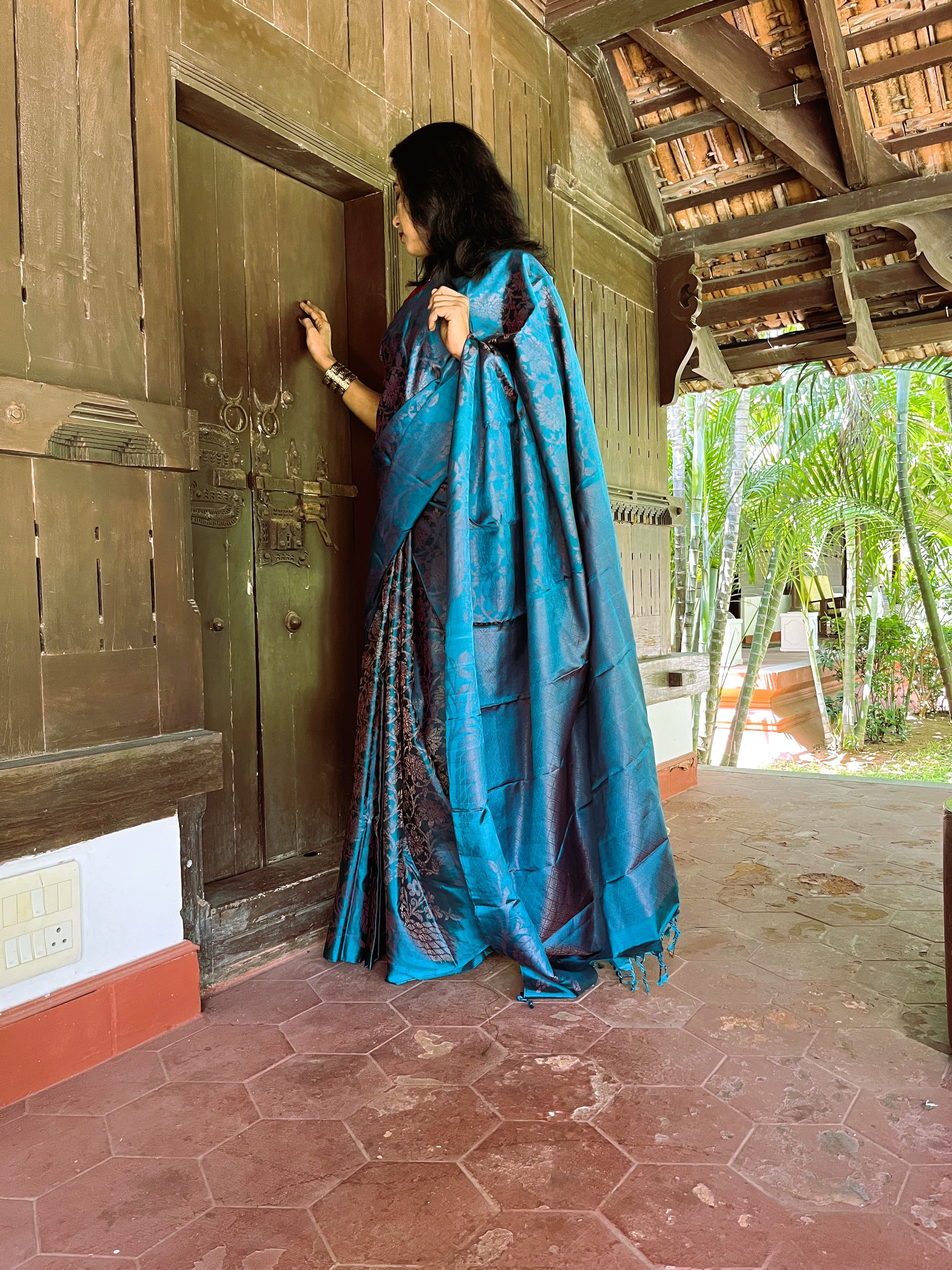 Pure Kanchipuram Soft Silk Saree with All Over Zari Woven Thread Work & Plain Blouse Piece, Teal, SK1016