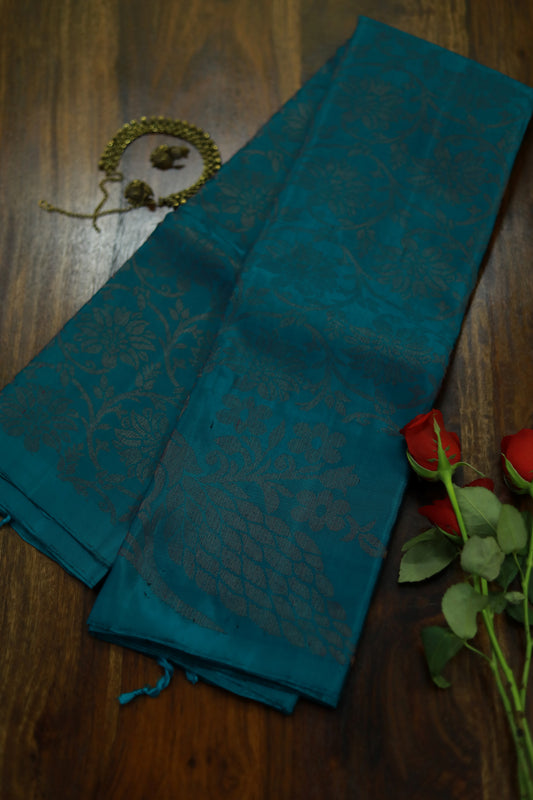 Pure Kanchipuram Soft Silk Saree with All Over Zari Woven Thread Work & Plain Blouse Piece, Teal, SK1016