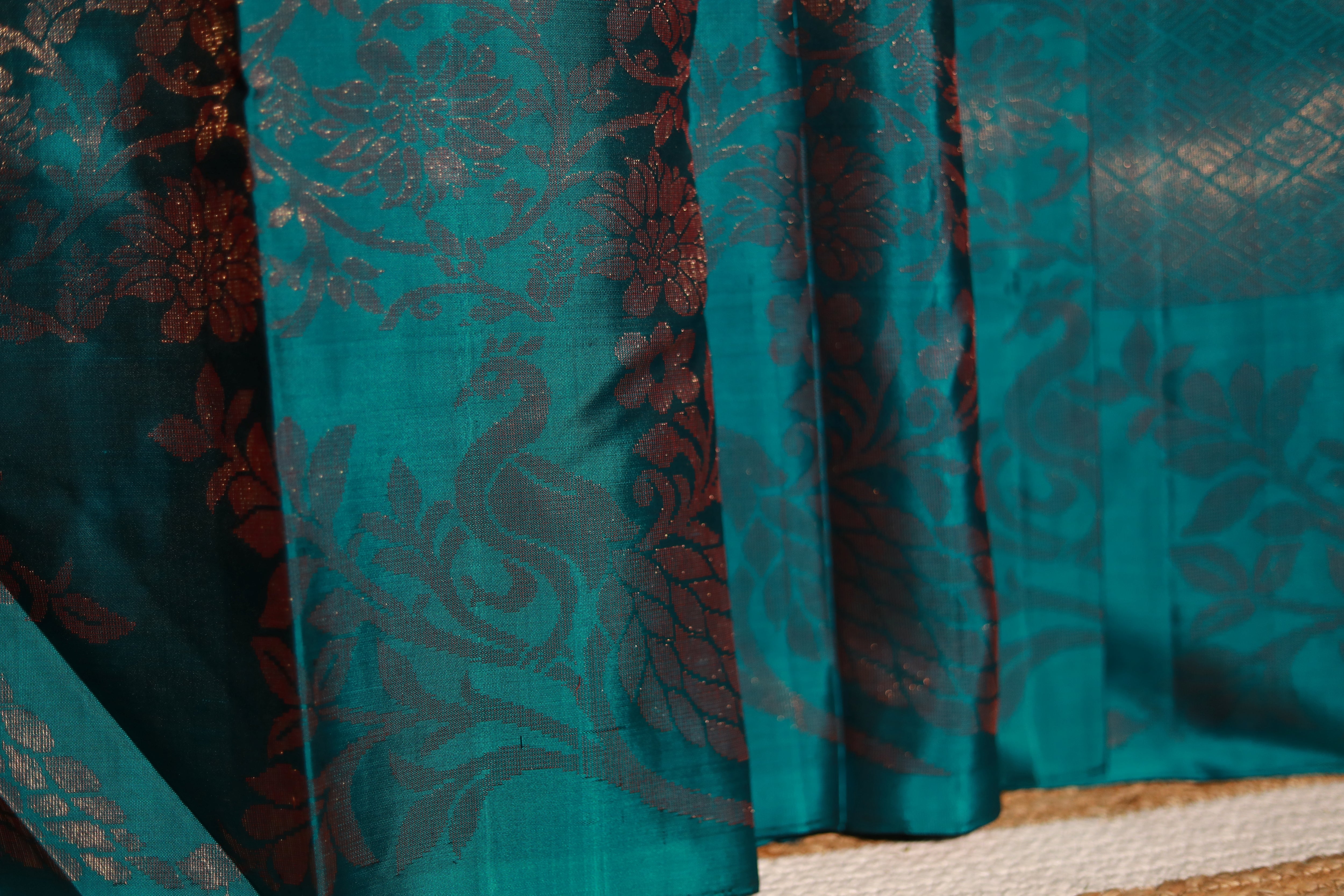 Pure Kanchipuram Soft Silk Saree with All Over Zari Woven Thread Work & Plain Blouse Piece, Teal, SK1016