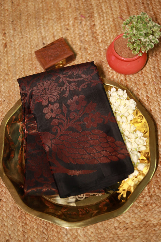 Pure Kanchipuram Soft Silk Saree with All Over Zari Woven Thread Work & Plain Blouse Piece, Black, SK1017