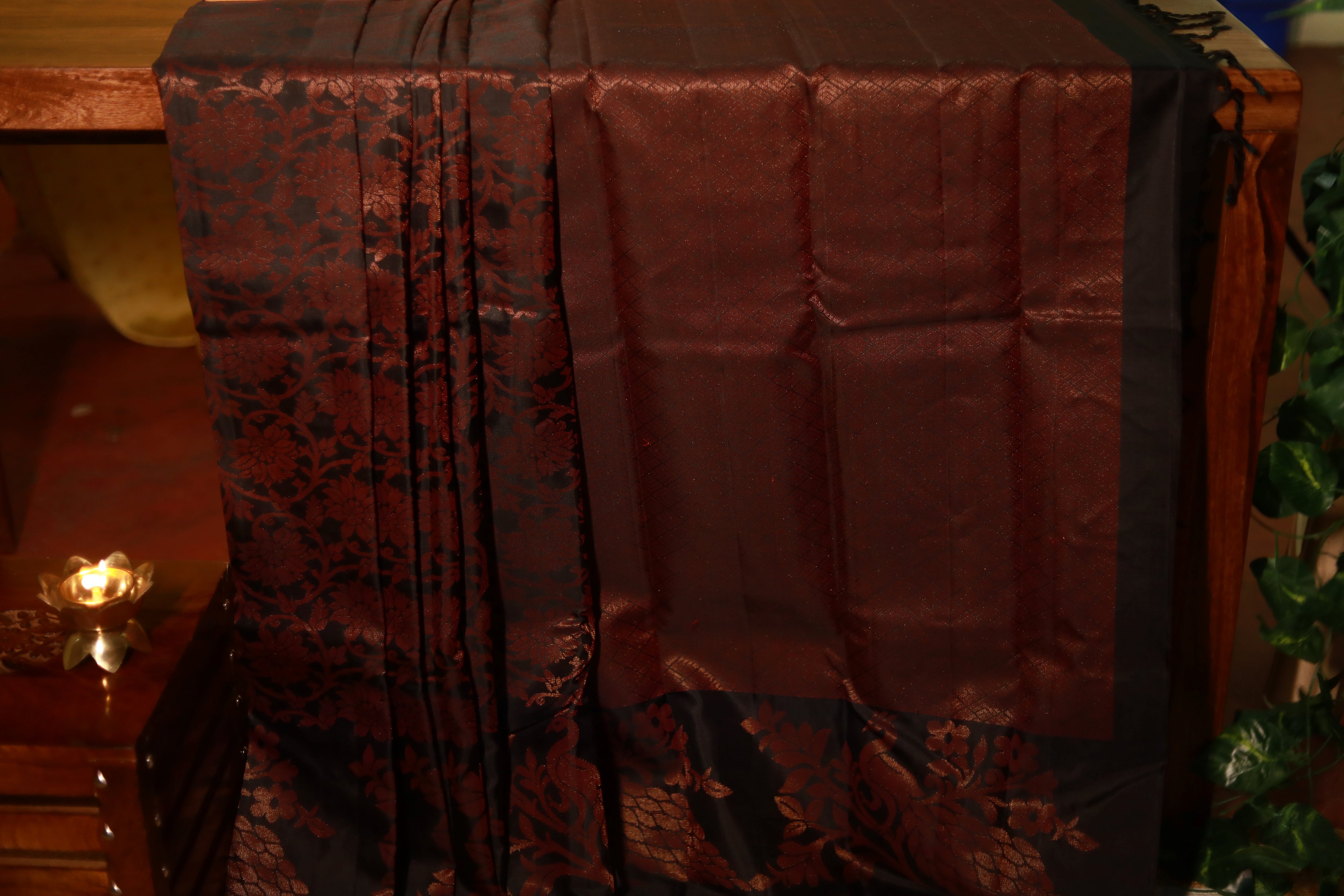 Pure Kanchipuram Soft Silk Saree with All Over Zari Woven Thread Work & Plain Blouse Piece, Black, SK1017