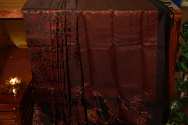 Pure Kanchipuram Soft Silk Saree with All Over Zari Woven Thread Work & Plain Blouse Piece, Black, SK1017