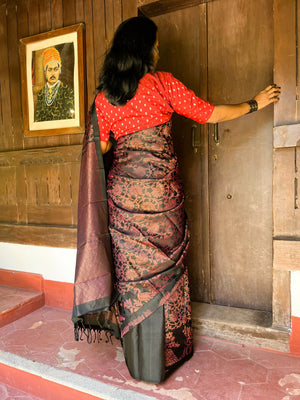 Pure Kanchipuram Soft Silk Saree with All Over Zari Woven Thread Work & Plain Blouse Piece, Black, SK1017