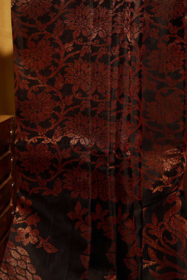 Pure Kanchipuram Soft Silk Saree with All Over Zari Woven Thread Work & Plain Blouse Piece, Black, SK1017