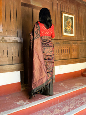 Pure Kanchipuram Soft Silk Saree with All Over Zari Woven Thread Work & Plain Blouse Piece, Black, SK1017