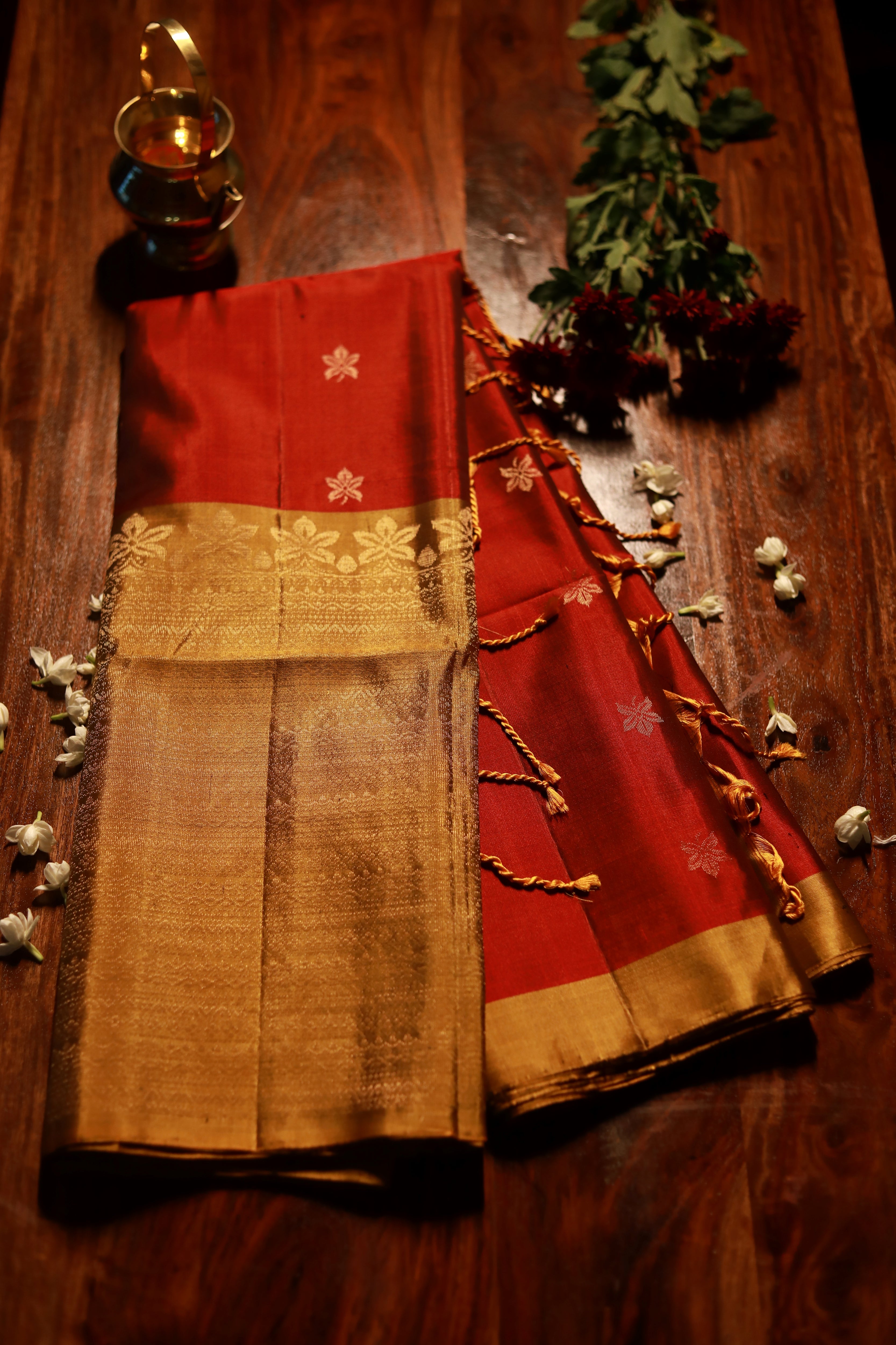 Pure Kanchipuram Soft Silk Saree with Broad Zari Brocade One Side Border, Pure Gold & Silver Zari Butta & Plain Mustard Blouse Piece, Maroon - Mustard, SK1018