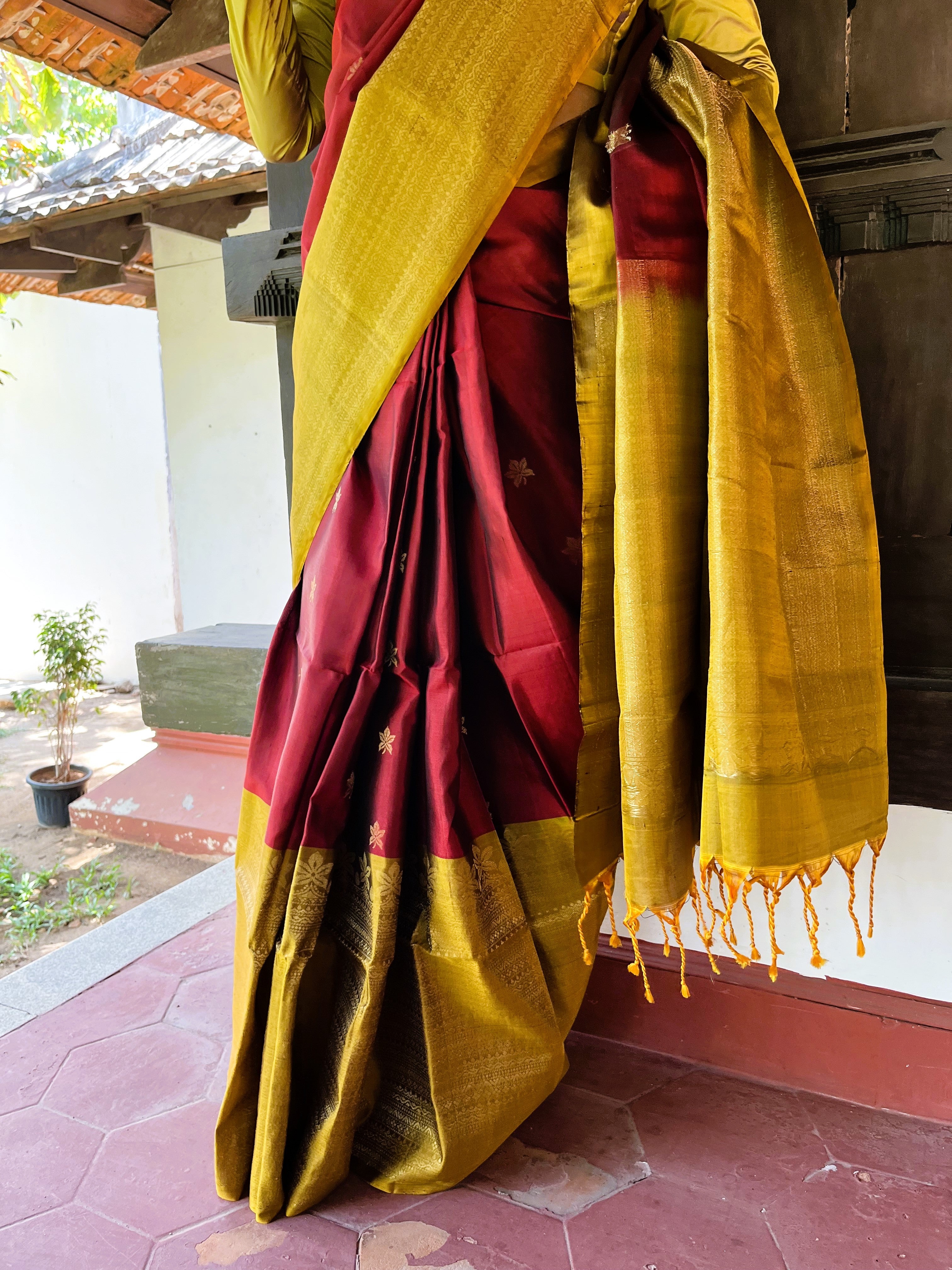Pure Kanchipuram Soft Silk Saree with Broad Zari Brocade One Side Border, Pure Gold & Silver Zari Butta & Plain Mustard Blouse Piece, Maroon - Mustard, SK1018