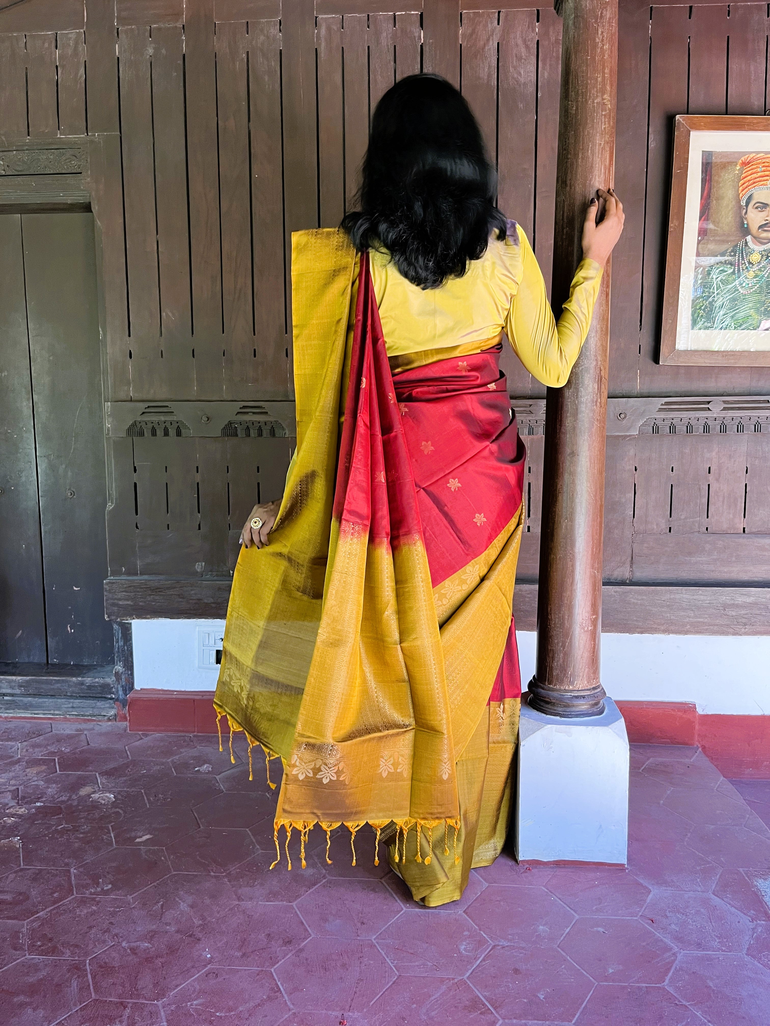 Pure Kanchipuram Soft Silk Saree with Broad Zari Brocade One Side Border, Pure Gold & Silver Zari Butta & Plain Mustard Blouse Piece, Maroon - Mustard, SK1018