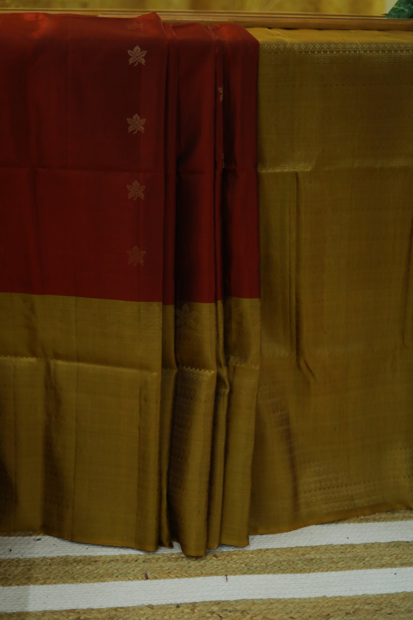 Pure Kanchipuram Soft Silk Saree with Broad Zari Brocade One Side Border, Pure Gold & Silver Zari Butta & Plain Mustard Blouse Piece, Maroon - Mustard, SK1018