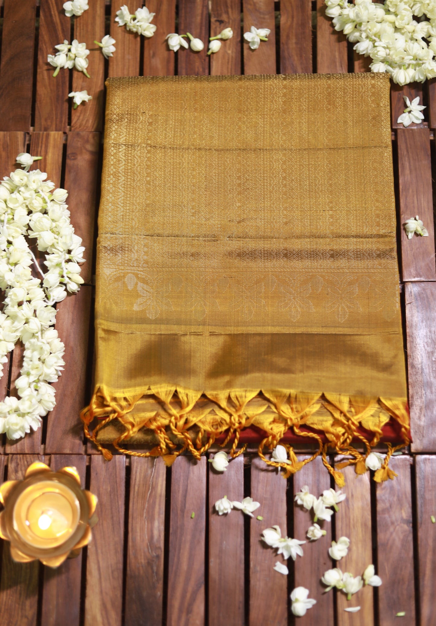 Pure Kanchipuram Soft Silk Saree with Broad Zari Brocade One Side Border, Pure Gold & Silver Zari Butta & Plain Mustard Blouse Piece, Maroon - Mustard, SK1018