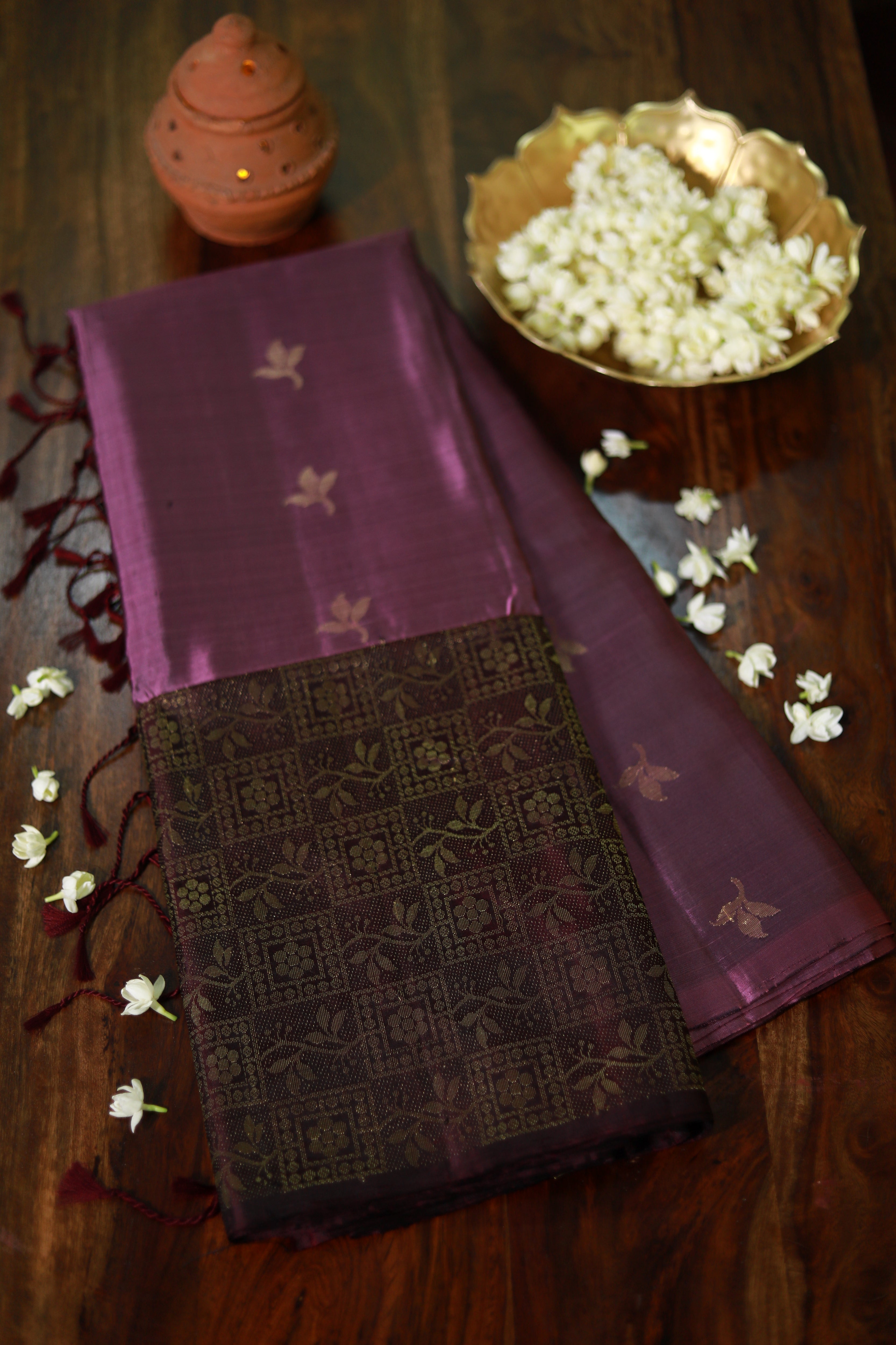 Pure Kanchipuram Soft Silk Saree with Broad Zari Brocade One Side Border, Pure Gold & Silver Zari Butta & Plain Brown Blouse Piece, Lavendar - Brown, SK1019