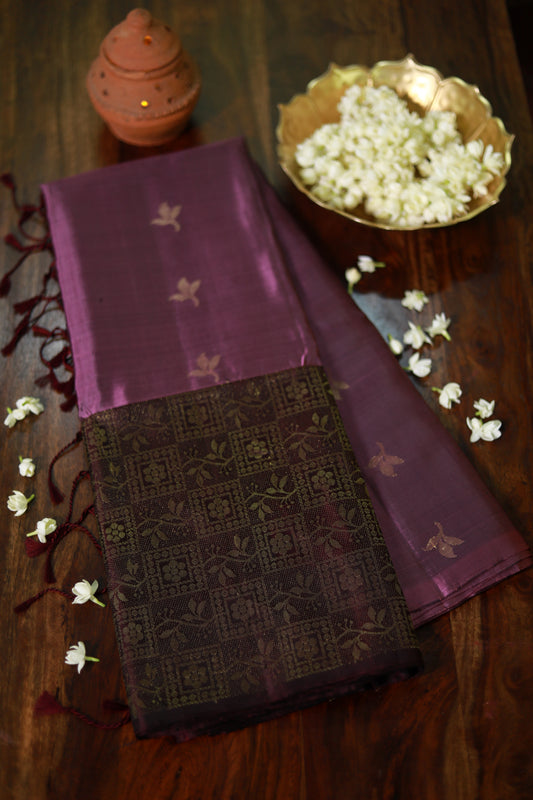Pure Kanchipuram Soft Silk Saree with Broad Zari Brocade One Side Border, Pure Gold & Silver Zari Butta & Plain Brown Blouse Piece, Lavendar - Brown, SK1019