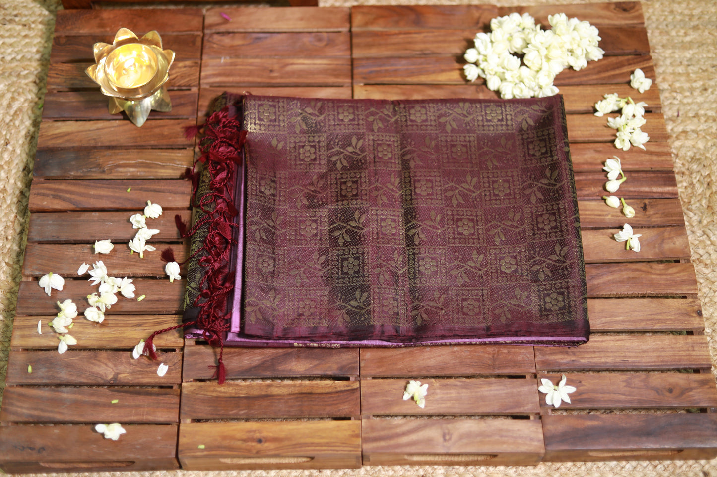 Pure Kanchipuram Soft Silk Saree with Broad Zari Brocade One Side Border, Pure Gold & Silver Zari Butta & Plain Brown Blouse Piece, Lavendar - Brown, SK1019