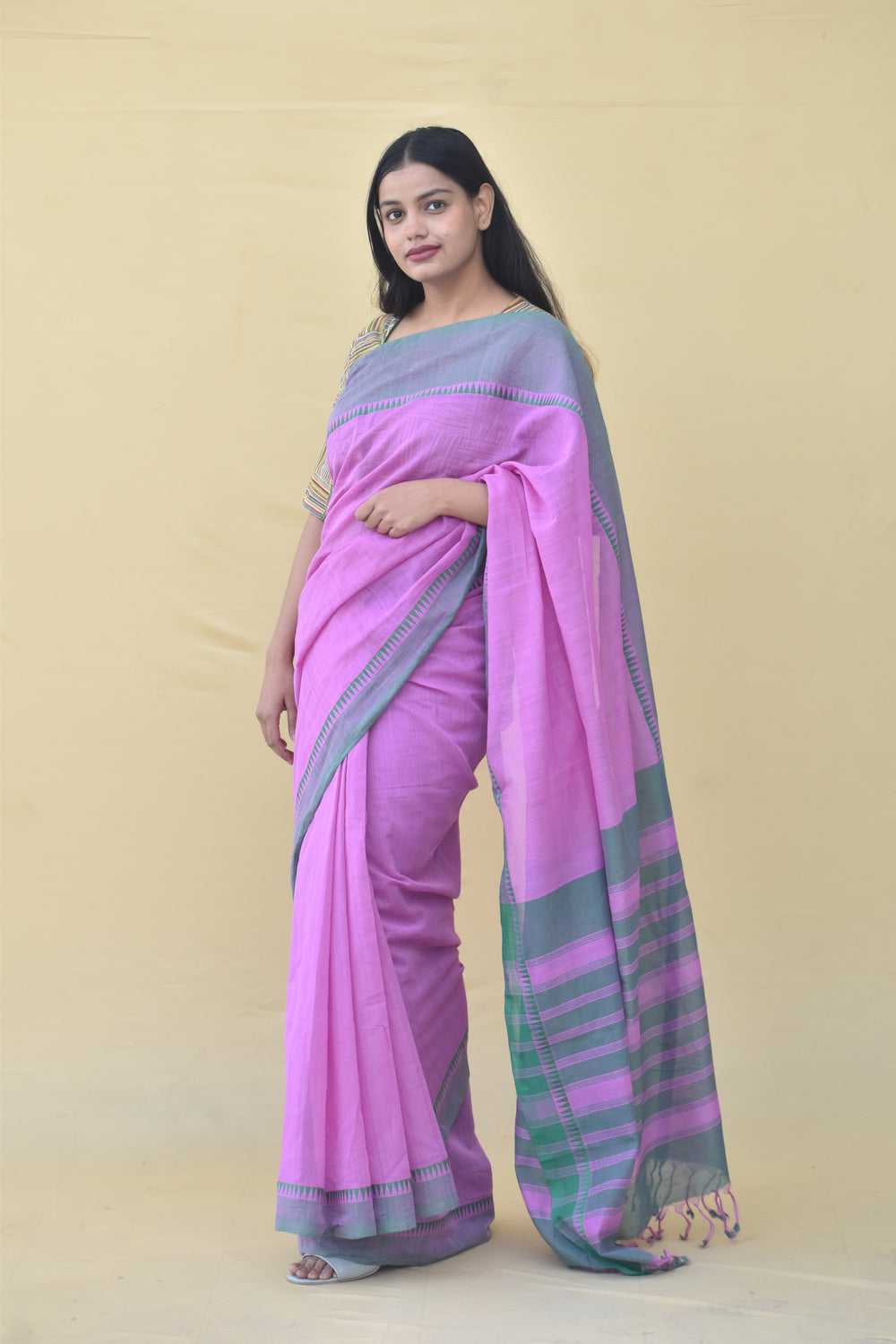 Pure Handloom Mangalgiri Cotton Saree with Threadwork Temple Border & Tassles,  Pink with Green,  SR1039