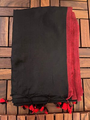 Bengal Handloom Cotton Saree with Red Border and Tassles ,  Plain Black, SR1049