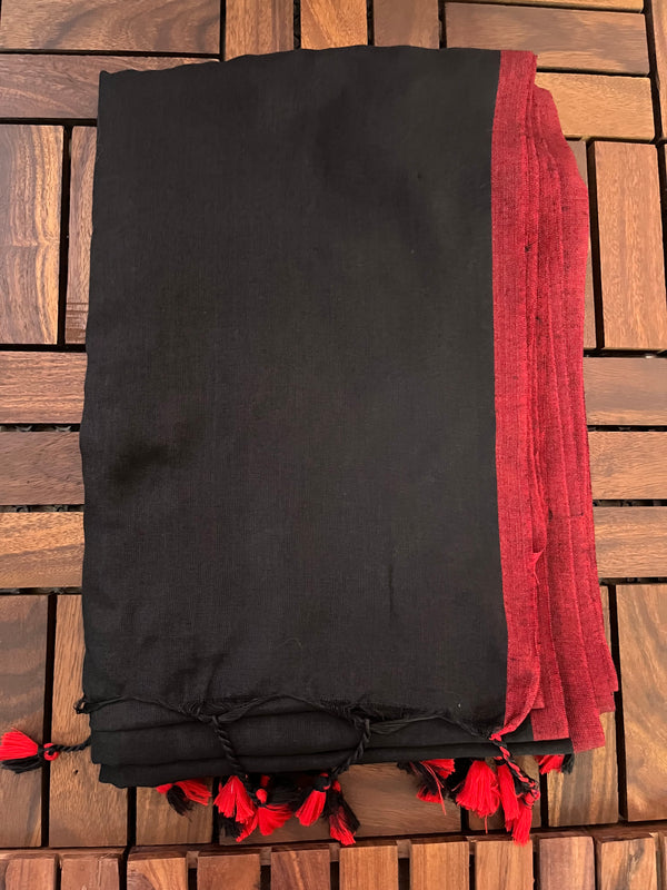 Bengal Handloom Cotton Saree with Red Border and Tassles ,  Plain Black, SR1049