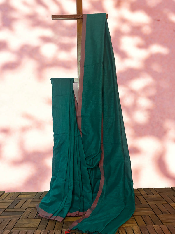 Bengal Handloom Cotton Saree with Rust Border and Tassles , Teal Green, SR1050