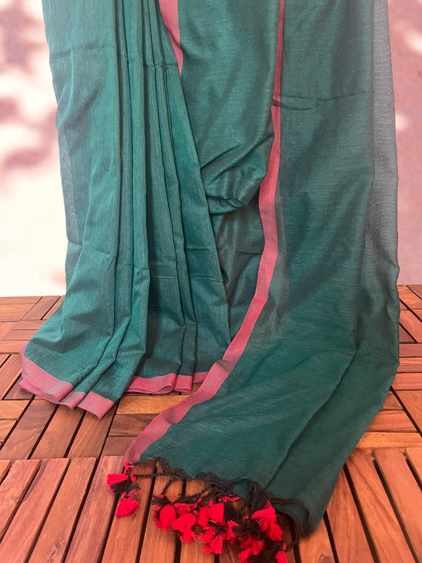 Bengal Handloom Cotton Saree with Rust Border and Tassles , Teal Green, SR1050