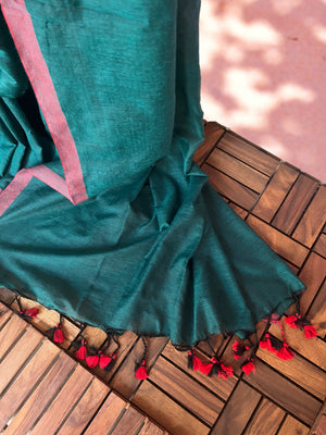 Bengal Handloom Cotton Saree with Rust Border and Tassles , Teal Green, SR1050