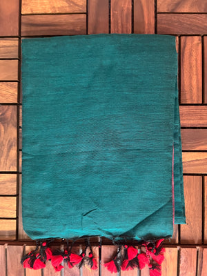 Bengal Handloom Cotton Saree with Rust Border and Tassles , Teal Green, SR1050
