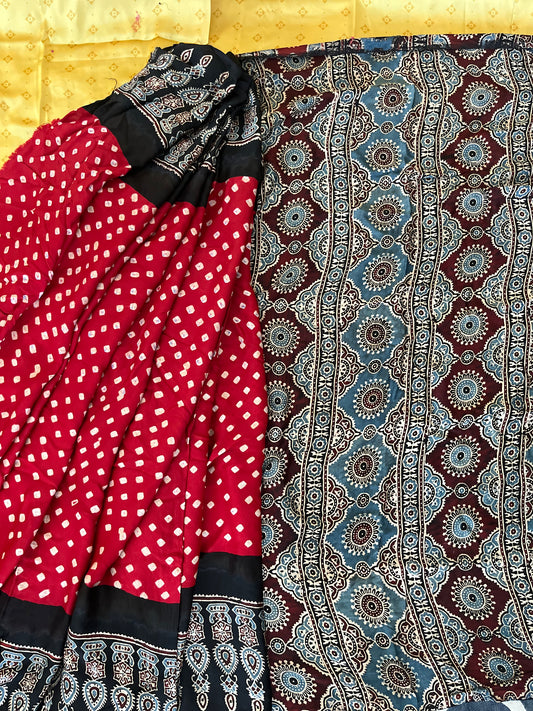 Red & Black Modal Silk Bandhani - Ajrakh Saree with Blouse Piece, SS1023