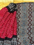 Red & Black Modal Silk Bandhani - Ajrakh Saree with Blouse Piece, SS1023