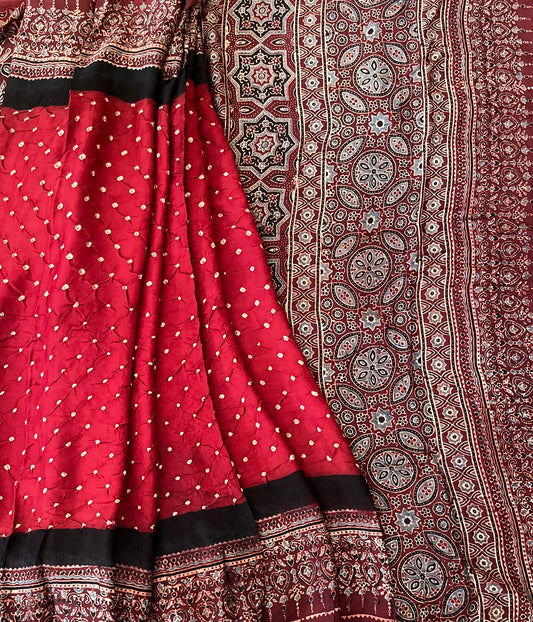 Deep Maroon & Brown Modal Silk Bandhani - Ajrakh Saree with Blouse Piece, SS1022