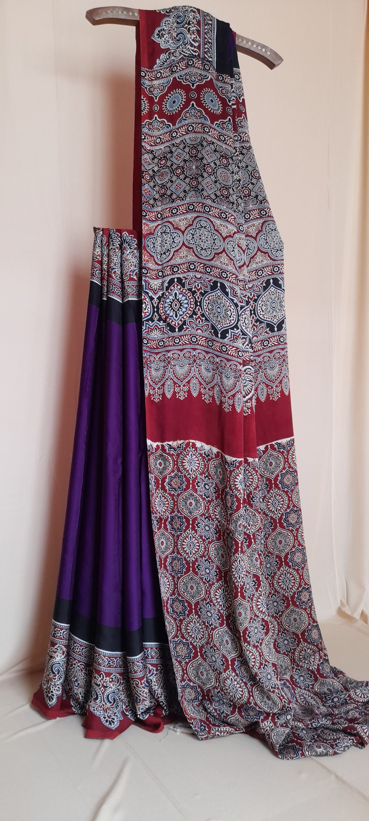 Purple Modal Silk Saree with Plain body, Red Ajrakh border Pallu & Blouse Piece, SS1027