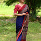 Navy Blue Modal Silk Saree with Plain body, Red Ajrakh border Pallu & Blouse Piece, SS1029