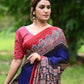 Navy Blue Modal Silk Saree with Plain body, Red Ajrakh border Pallu & Blouse Piece, SS1029