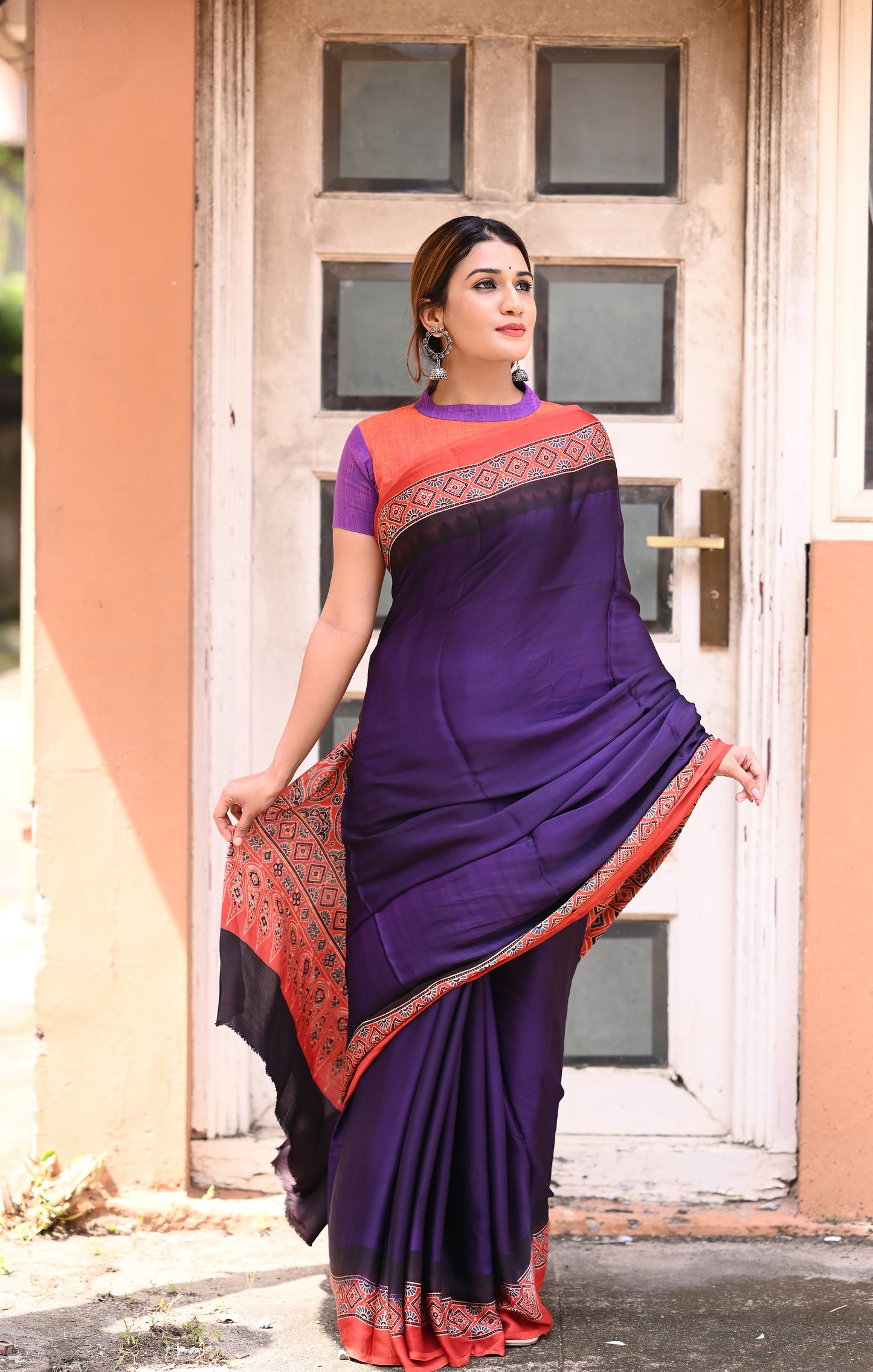 Purple Modal Silk Saree with Plain body, Rust Ajrakh border Pallu & Blouse Piece, SS1030