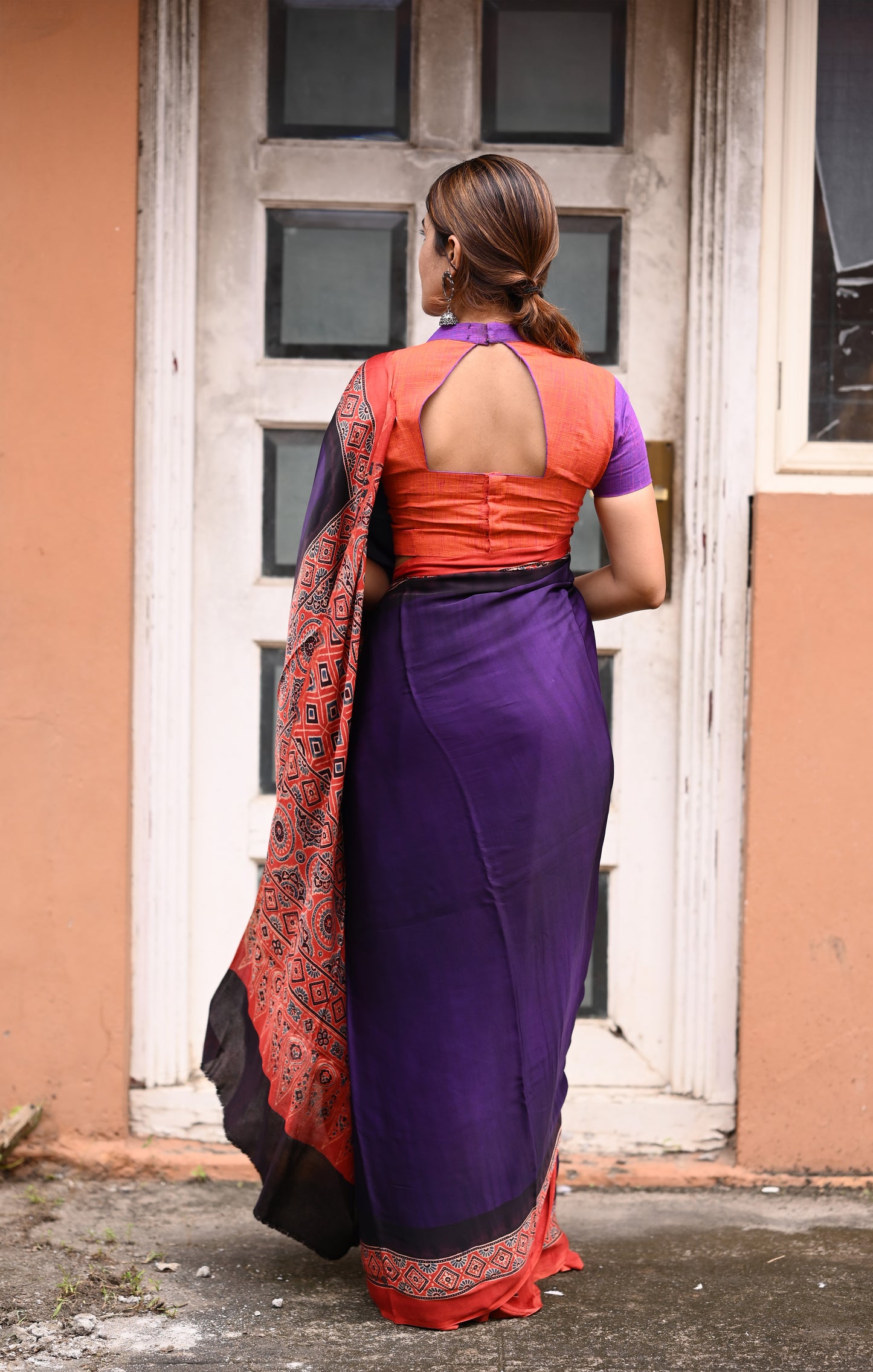 Purple Modal Silk Saree with Plain body, Rust Ajrakh border Pallu & Blouse Piece, SS1030