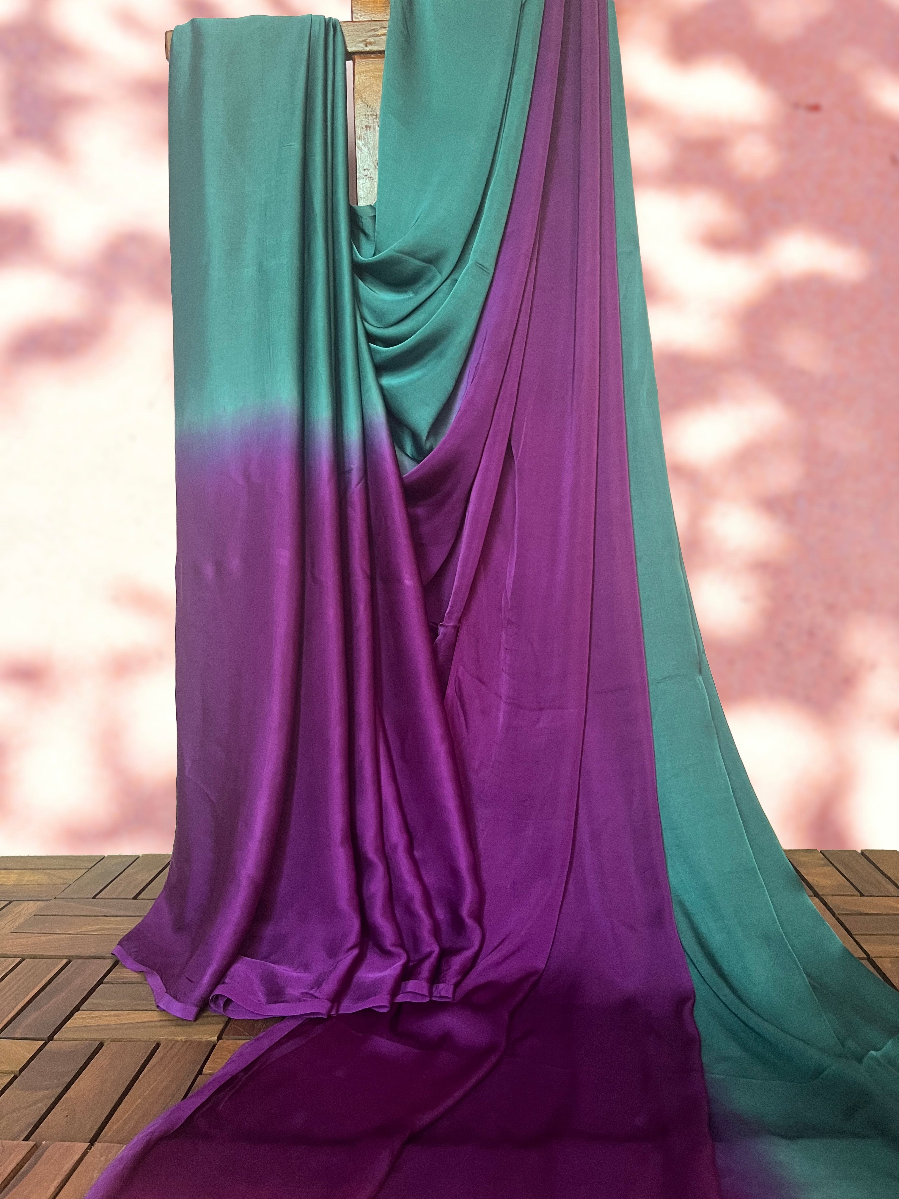 Ombre Modal Silk Saree with Running Blouse Piece ,Teal Green and Royal Purple , SS1034