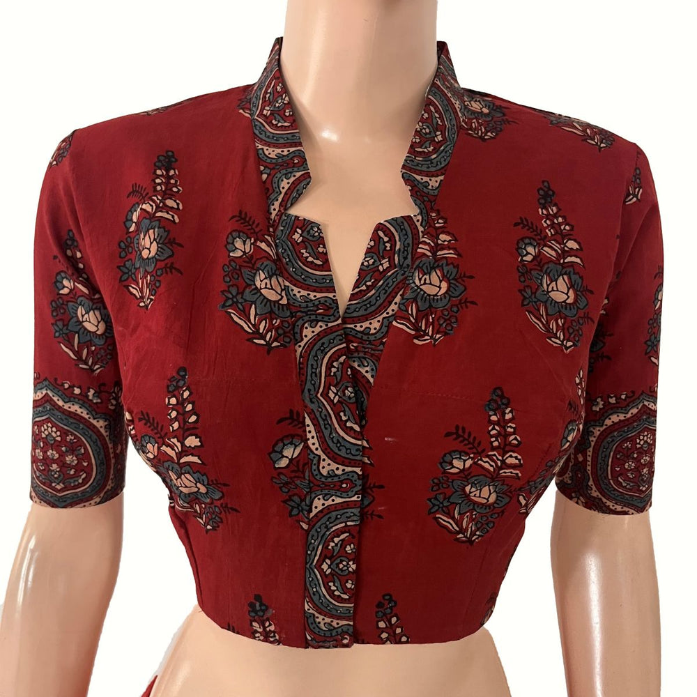 Ajrakh Cotton V Collar Blouse ,Maroon , BA1190