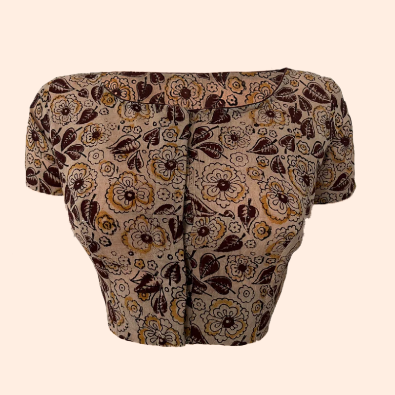 Kalamkari  Cotton Boat neck Blouse with Short Sleeves,  Beige,  BK1238